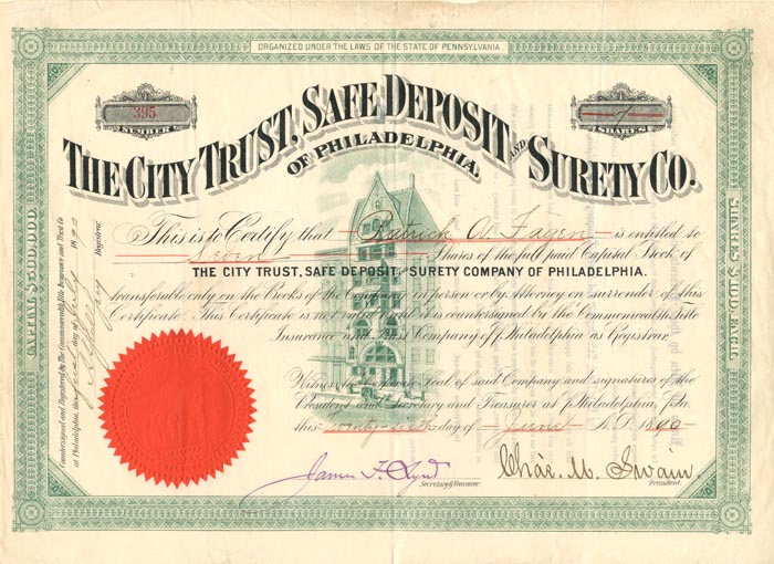 City Trust, Safe Deposit and Surety Co. of Philadelphia - Stock Certificate